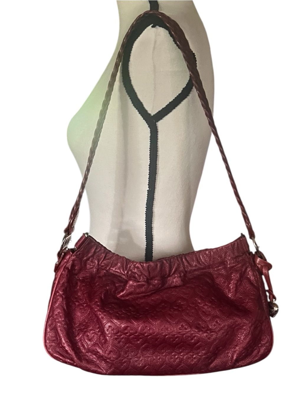 Brighton Griffith Rasberry Red Heart embossed Leather Shoulder  Handbag.